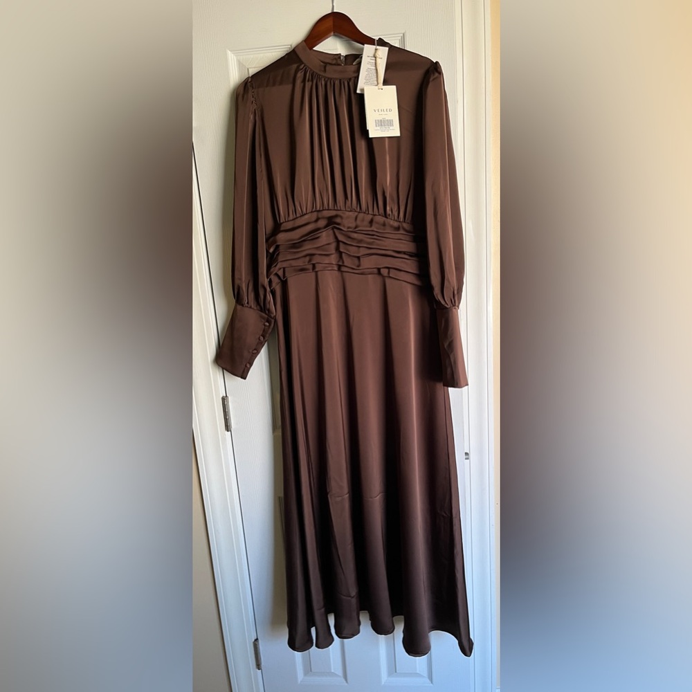Veiled Yasmeena Pleated Waist Satin Modest Maxi Dress - Chocolate XL / 56 NEW